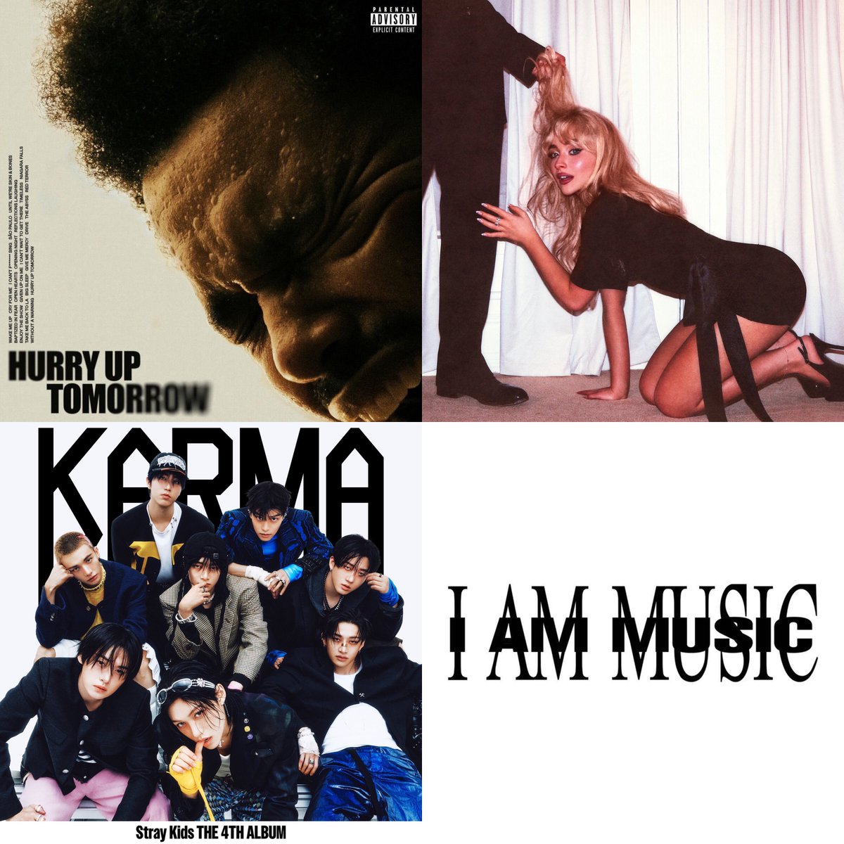 Biggest album debuts on the Billboard 200 chart of 2025:

#1. Morgan Wallen — I'm The Problem (493k)
#2. The Weeknd — Hurry Up Tomorrow (490k)
#3. Sabrina Carpenter — Man’s Best Friend (366k)
#4. Stray Kids — KARMA (313k)
#5. Playboi Carti — MUSIC (298k)