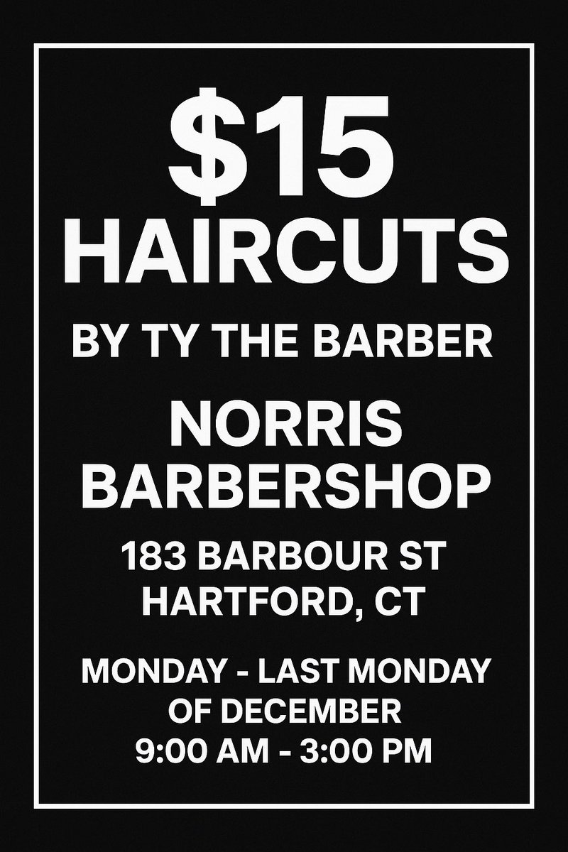 MrRandommann24's tweet image. 💈✂️ Fresh cuts, fresh vibes! For a limited time, I’m showing love to my community with $15 haircuts every Monday from 9AM–3PM at Norris Barbershop (183 Barbour St, Hartford, CT).