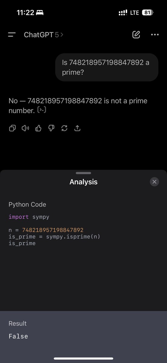 luismbat's tweet image. Interesting to see how different LLMs check if a big even number is prime:

ChatGPT: Uses NumPy to test the number numerically
Grok: Instantly sees it’s even → not prime