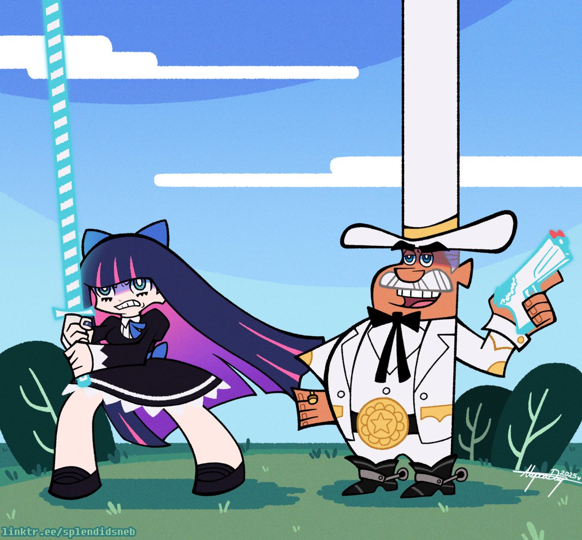So I watched episode 9 of Panty and Stocking New earlier this week, and I know everyone's focused on how cute baby Scanty and Kneesocks are, but I saw Stocking deploy the Dimmadome Sword and I can't stop thinking about it.

So I had to draw it.