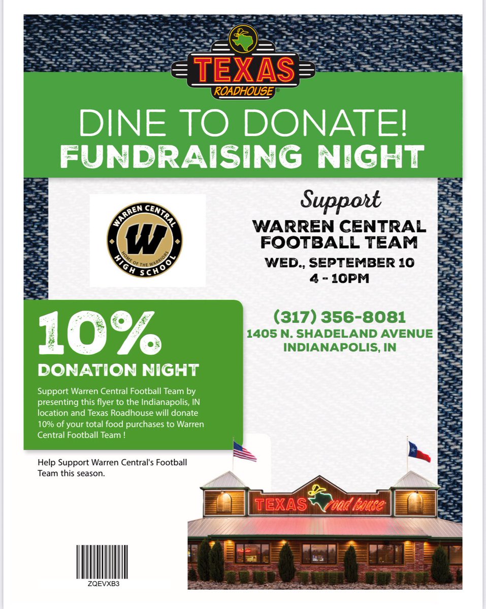 WCFBALL Alumni Club (@wcfbalumniclub) on Twitter photo 🍴🏈 Dine to Donate! Join us Wed, Sept 10 from 4–10 PM at Texas Roadhouse (1405 N. Shadeland Ave). Show this flyer & 10% of your meal goes to Warren Central Football! 💛🖤 #GoWarriors <a href="/CoachWhitaker1/">J.T. Whitaker</a> 🍴🏈 Dine to Donate! Join us Wed, Sept 10 from 4–10 PM at Texas Roadhouse (1405 N. Shadeland Ave). Show this flyer & 10% of your meal goes to Warren Central Football! 💛🖤 #GoWarriors <a href="/CoachWhitaker1/">J.T. Whitaker</a>