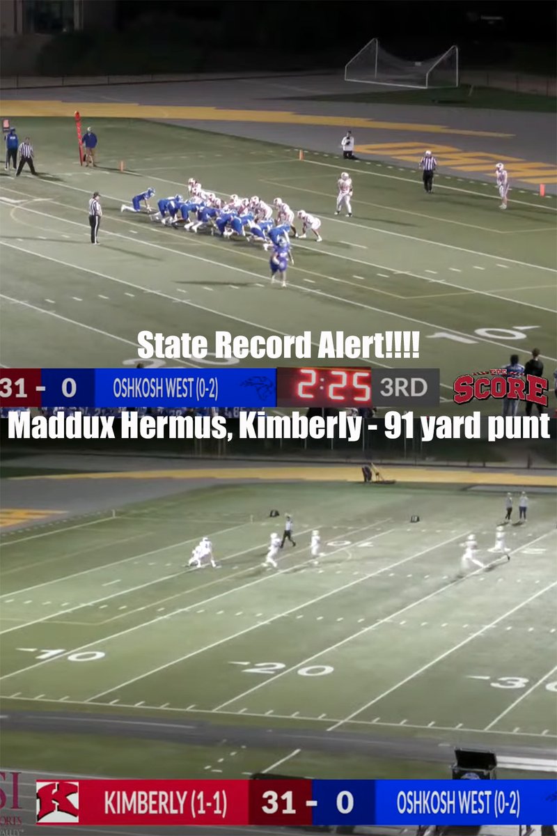 State Record Alert!!

On Thursday, Kimberly's Maddux Hermus booted a 91-yard punt, setting a new state record. 

Video, via <a href="/thescorewi/">The Score WI</a> 

youtube.com/live/o28FXGDS6…

#wisfb