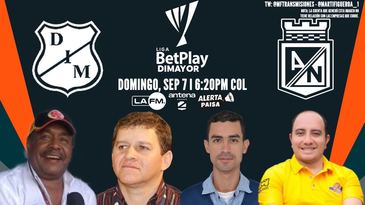 🇨🇴 <a href="/LigaBetPlayD/">LigaBetPlayDimayor</a> 2025-II - Fecha 10

<a href="/DIM_Oficial/">DIM</a> ❤️💙 - <a href="/nacionaloficial/">Atlético Nacional</a> 💚

Relator: Jorge Eliécer Torres
Comentaristas: <a href="/Bambinoolimpico/">Édgar ElBambinoHenao</a> y <a href="/prensagutierrez/">Yony Gutiérrez</a>
Locutor: <a href="/oskarhernandez7/">oscar hernandez</a>

📻: <a href="/lafm/">La FM</a>, @Antena2RCN y <a href="/AlertaPaisa/">AlertaPaisa 94.4 FM</a> (<a href="/PachoAlerta/">Pacho Alerta</a>)

📱 ¡Síguenos!