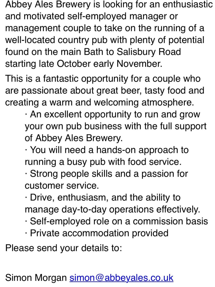 BathCombination's tweet image. Our fantastic sponsors @AbbeyAles have a great opportunity starting around November. Take a look below and get in touch with Simon if you're interested.