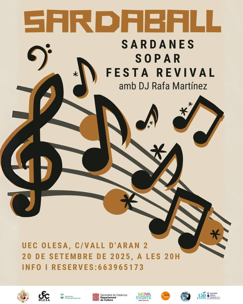 🔴 SARDANES

🎶 Ballada de #sardanes (mitjans mecànics), sopar (butifarra a la brasa, pa amb tomàquet, amanida de tomàquet i olives, beguda, pastís de llimona, cava i cafè) i #festa 'revival' amb DJ Rafa Martínez.

🗓 20 de setembre, a les 20 h
📍 UEC #Olesa