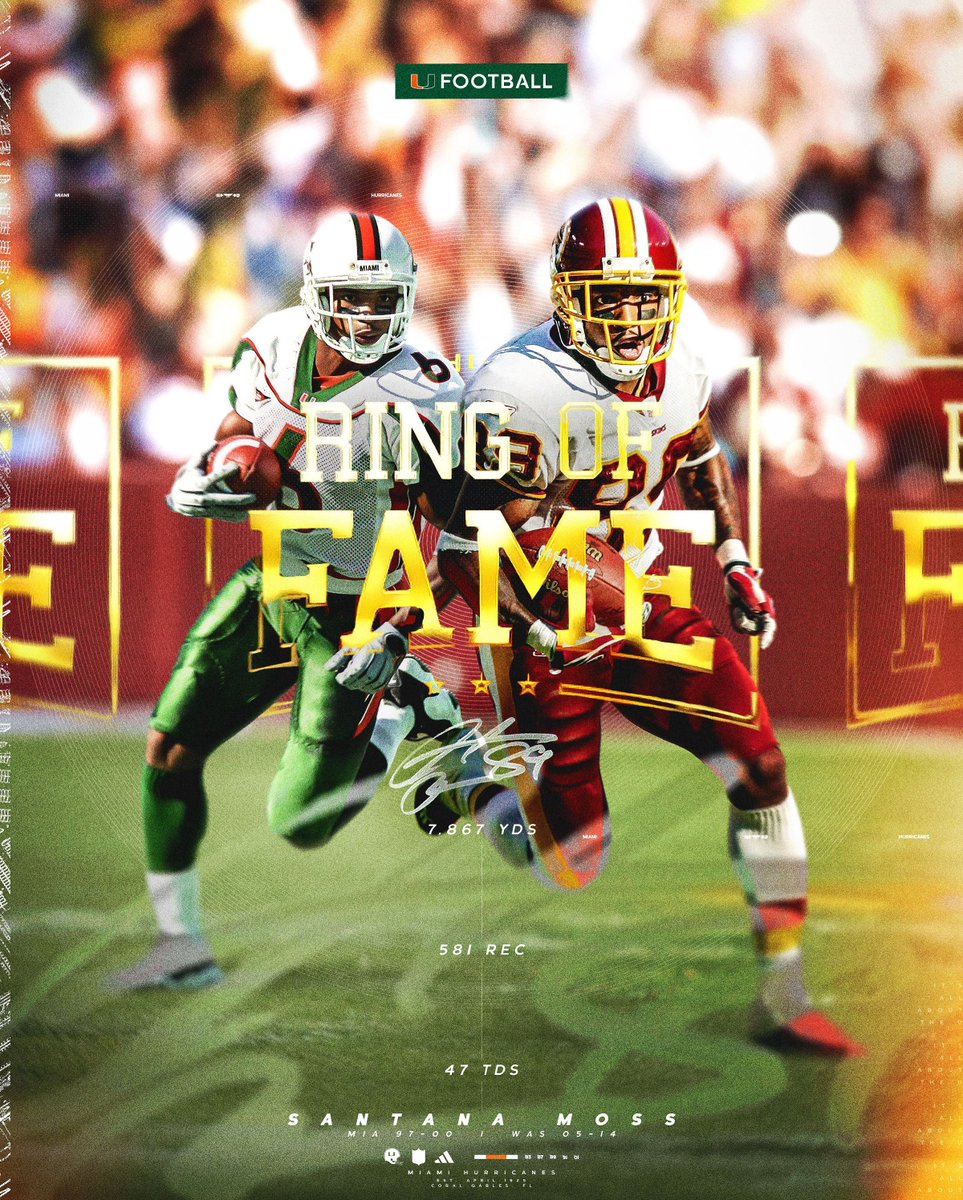 Miami Hurricanes Football (@canesfootball) on Twitter photo A Miami Hurricane for life!
Congrats to Canes legend Santana Moss on being inducted into the <a href="/Commanders/">Washington Commanders</a> Ring of Fame today! 🙌 A Miami Hurricane for life!
Congrats to Canes legend Santana Moss on being inducted into the <a href="/Commanders/">Washington Commanders</a> Ring of Fame today! 🙌