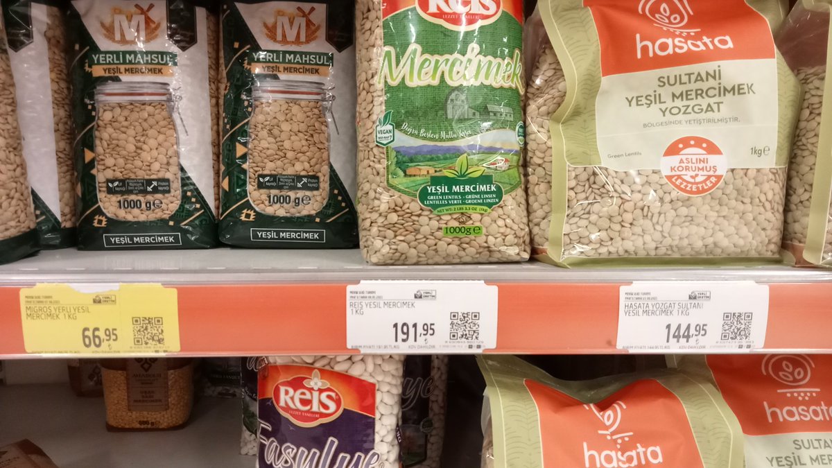 Aynı market.
Yeşil mercimek.
3 farklı marka.
66 TL. 
191 TL.
144 TL. 
Neden?
Bu kadar fiyat farkı neden olabilir.
Yeşil mercimek ya, CC farkı mı menzil farkı mı, ne bu?