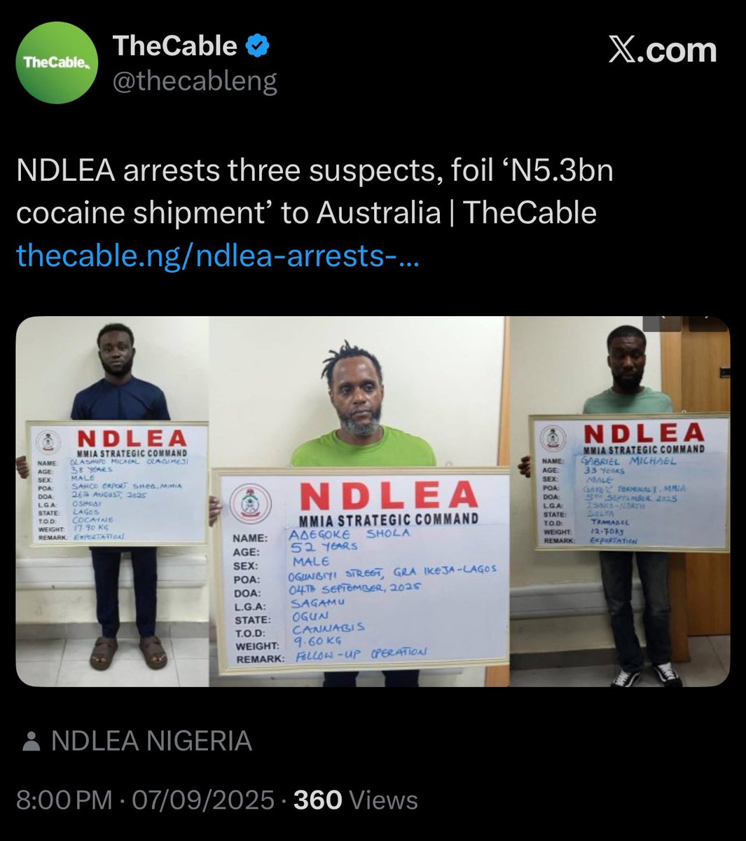Voice of Igbos (@voiceofigbos) on Twitter photo 3 Yoroba men shipping Cocaine to Australia
What tribe is destroying Nigeria Again?
<a href="/abikedabiri/">abikedabiri</a> 3 Yoroba men shipping Cocaine to Australia
What tribe is destroying Nigeria Again?
<a href="/abikedabiri/">abikedabiri</a>