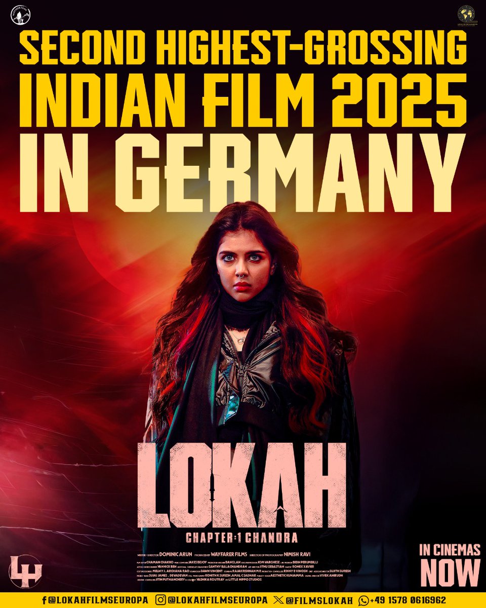 Wayfarer Films (@dqswayfarerfilm) on Twitter photo Breaking barriers and records, Lokah: Chapter 1 – Chandra has officially emerged as the Second Highest Indian Grosser of 2025 in Germany 🇩🇪🔥
#Lokah #TheyLiveAmongUs
<a href="/DQsWayfarerFilm/">Wayfarer Films</a> <a href="/dulQuer/">Dulquer Salmaan</a> <a href="/dominicarun/">Dominic Arun</a>
<a href="/NimishRavi/">Nimish Ravi</a>
<a href="/kalyanipriyan/">Kalyani Priyadarshan</a>
<a href="/naslen__/">Naslen</a> <a href="/JxBe/">Jakes Bejoy</a> @chamanchakko
<a href="/iamSandy_Off/">SANDY</a> Breaking barriers and records, Lokah: Chapter 1 – Chandra has officially emerged as the Second Highest Indian Grosser of 2025 in Germany 🇩🇪🔥
#Lokah #TheyLiveAmongUs
<a href="/DQsWayfarerFilm/">Wayfarer Films</a> <a href="/dulQuer/">Dulquer Salmaan</a> <a href="/dominicarun/">Dominic Arun</a>
<a href="/NimishRavi/">Nimish Ravi</a>
<a href="/kalyanipriyan/">Kalyani Priyadarshan</a>
<a href="/naslen__/">Naslen</a> <a href="/JxBe/">Jakes Bejoy</a> @chamanchakko
<a href="/iamSandy_Off/">SANDY</a>
