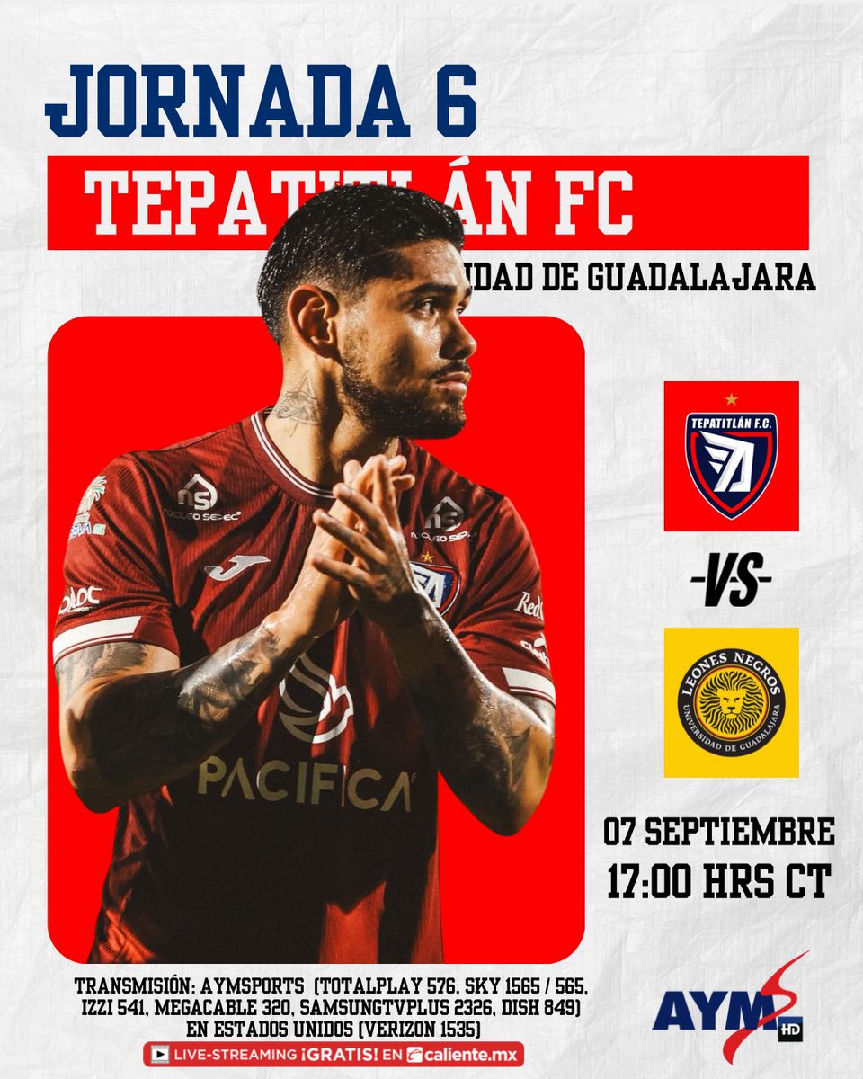🔥 ¡Día de fútbol en la #LigaExpansiónMx !

<a href="/TepatitlanFC/">Tepatitlán FC</a> 🛡️ recibe a los <a href="/LeonesNegrosCF/">Leones Negros de la UdeG</a> 🦁 en un duelo que promete intensidad desde el primer minuto.

📅 07 de septiembre
⏰ 17:00 hrs CT
📺 Síguelo en vivo por AYMSports