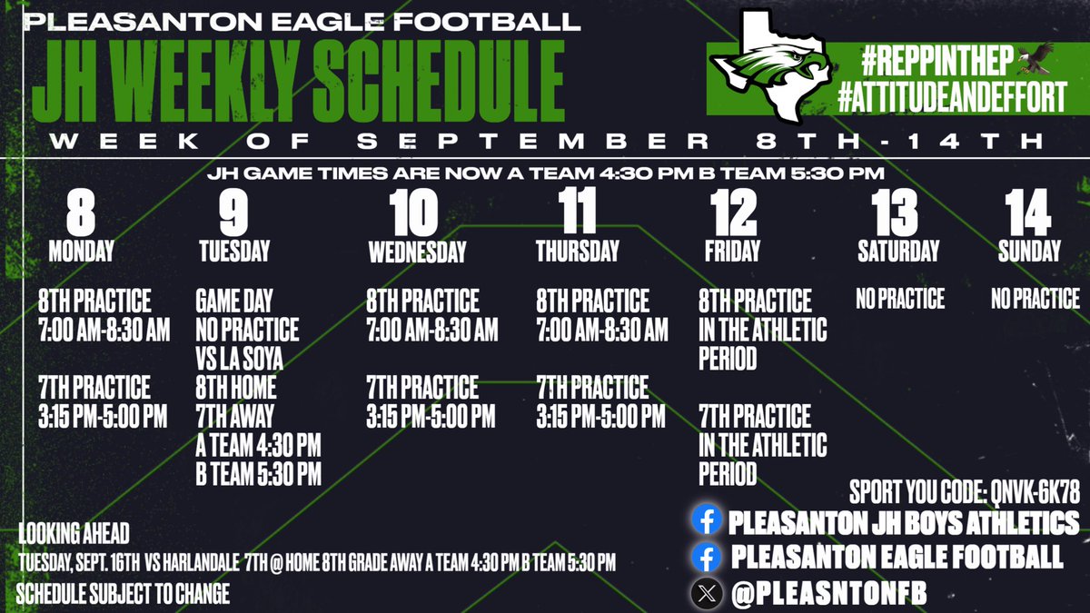 Weekly schedule for JH football 9/8-9/14