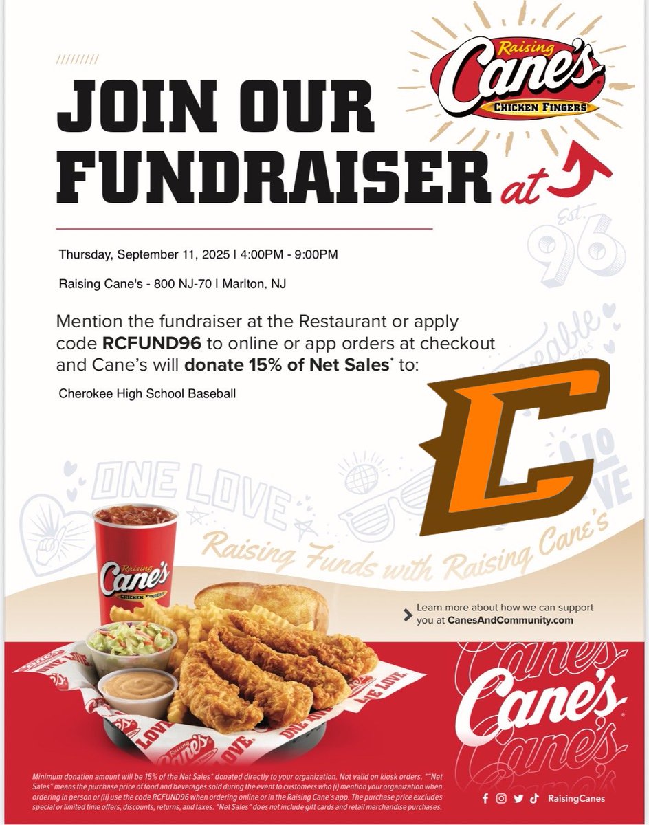 Chiefsstylebas1's tweet image. Please join us this Thursday for our Dine and Donate at Raising Cane’s Marlton!