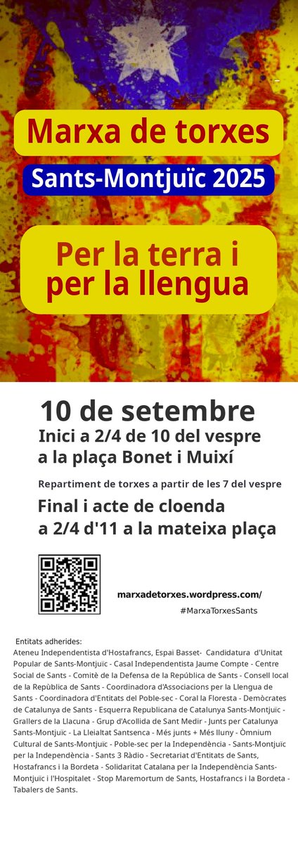 Enguany, la Marxa de torxes de Sants-Montjuïc pendrà els carrers amb el lema 'Per la terra i per la llengua'. No hi falteu! #diada2025 #INDEPENDÈNCIA #FemAteneu #FemHostafrancs