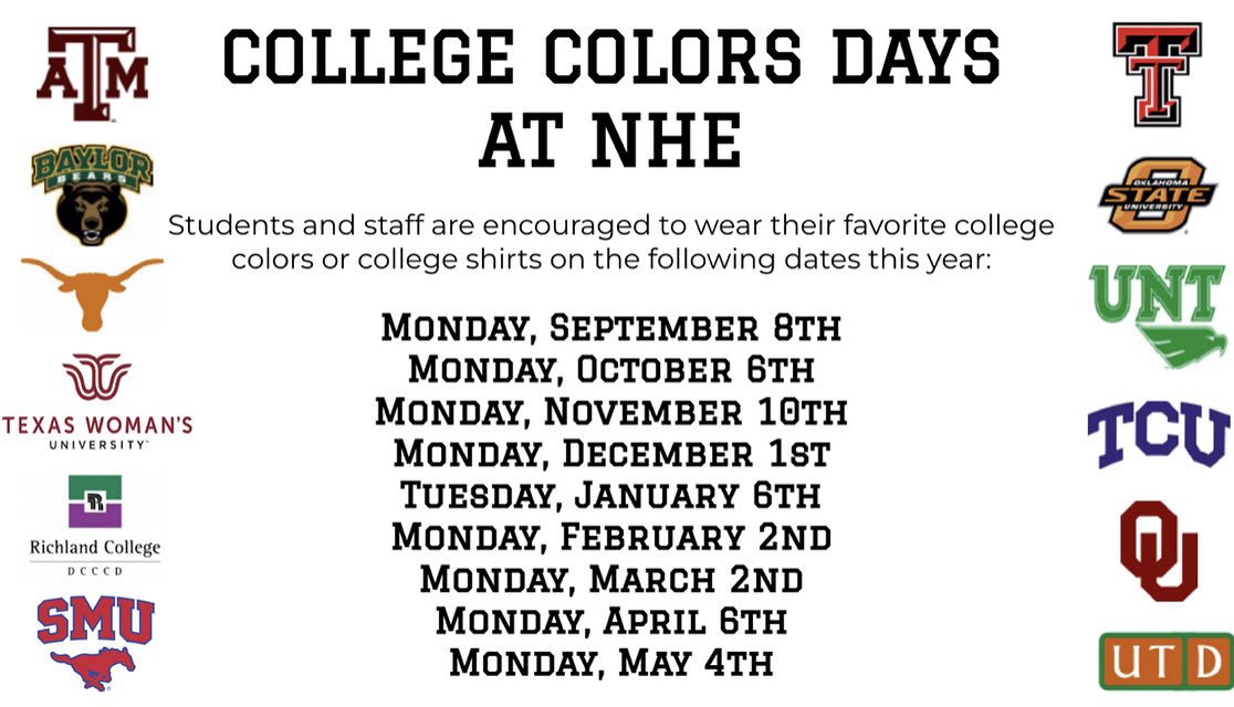 Wear your favorite college colors on Monday, <a href="/nherisd/">Northwood Hills Elementary</a>! <a href="/RISDcounselors/">RISD Counselors</a>