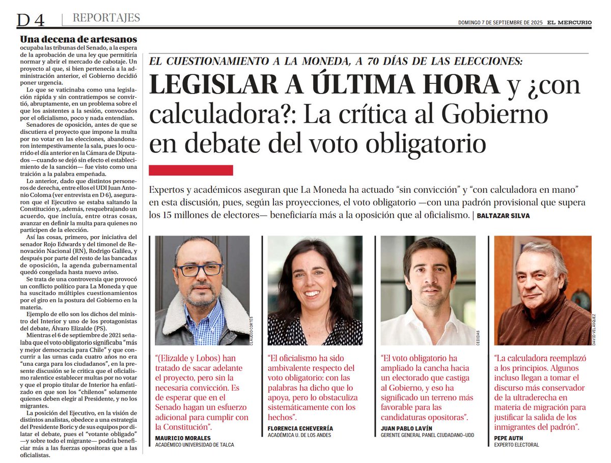 Legislar a última hora y ¿con calculadora?🧮
La crítica al Gobierno en debate del voto obligatorio.

Según las proyecciones, el voto obligatorio -con padrón provisional sobre los 15 millones- beneficiaría más a la oposición que al oficialismo.

<a href="/__elmercurio/">El Mercurio</a> | <a href="/PanelCiudadano/">Panel Ciudadano</a> UDD