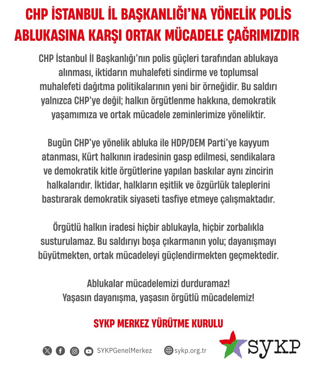 Örgütlü halkın iradesi hiçbir ablukayla, hiçbir zorbalıkla susturulamaz. Bu saldırıyı boşa çıkarmanın yolu; dayanışmayı büyütmekten, ortak mücadeleyi güçlendirmekten geçmektedir.

#chpistanbulilbaskanlığı