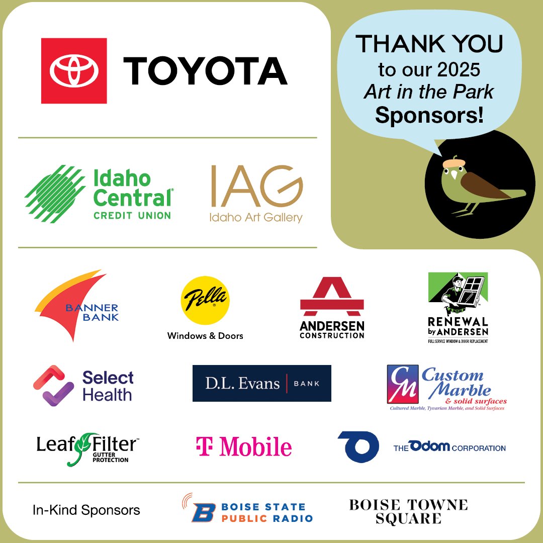 We appreciate our sponsors for the 71st Art in the Park. With their help, Art in the Park was another fabulous event and a huge success! #BAMArtinthePark 

Thank you to <a href="/Toyota/">Toyota USA</a> , <a href="/Idaho_Central/">ICCU</a>, Idaho Art Gallery , and all of our event sponsors
boiseartmuseum.org/art-in-the-par…