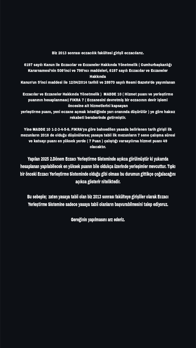 <a href="/saglikbakanligi/">T.C. Sağlık Bakanlığı</a>
CİMER -> İSTEK -> SAĞLIK BAKANLIĞI
📌Daha fazla mağdur olmamak için artık dur dememz gerekiyor.Birlik olarak ancak güçlü olabiliriz.
📲Metni Cimer'e iletip daha fazla kişiye ulaşması için eczacı whatsapp gruplarında paylaşırsanız sesimizi daha çok duyurabiliriz.