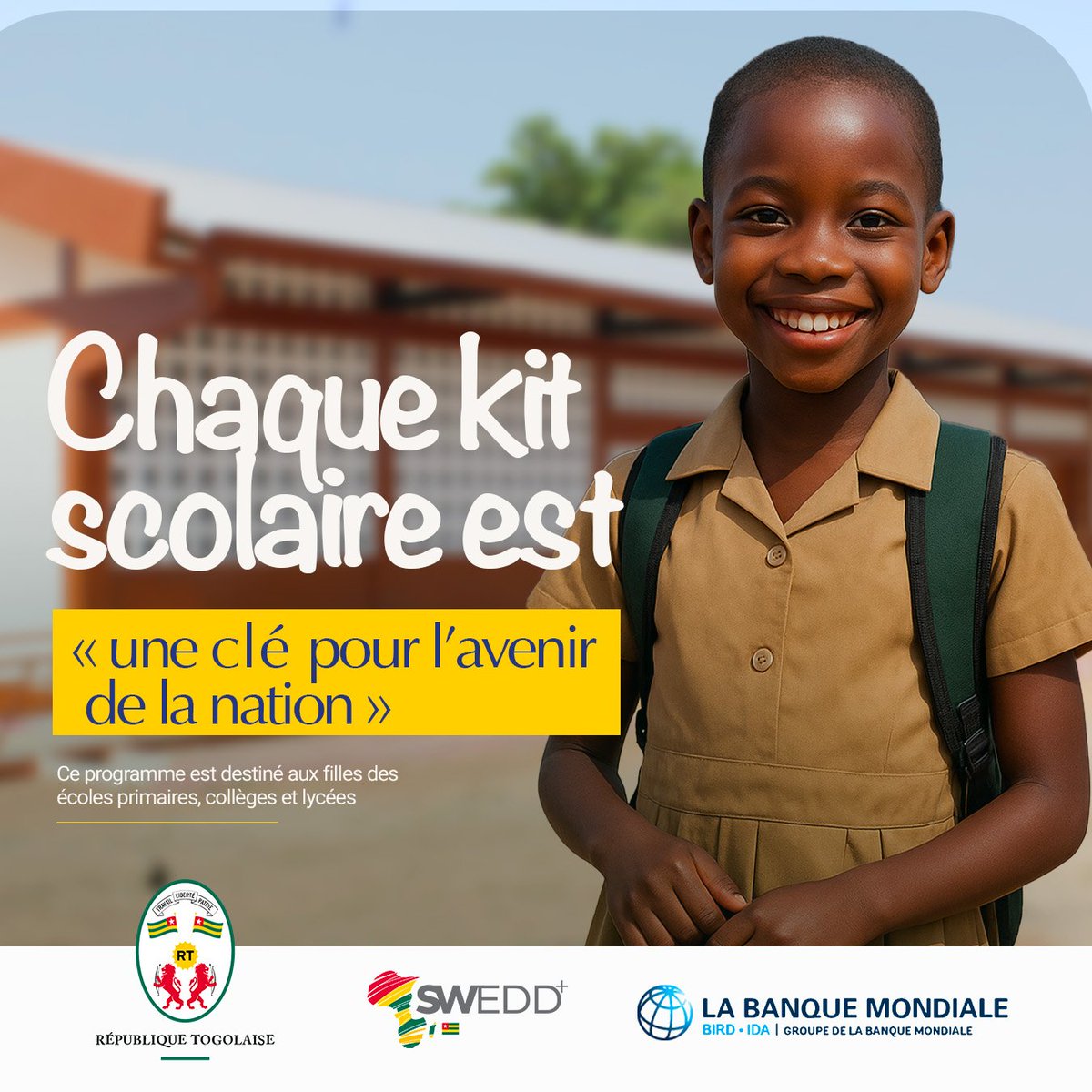 sweddplustogo's tweet photo. Fidèle à sa vision d’un Togo inclusif et prospère, le Président du Conseil, S.E.M. @FEGnassingbe , impulse à travers le projet SWEDD+ Togo la distribution de plus de 100.000 kits scolaires à des filles de 782 localités,⤵️

@EducationTg
#SWEDD #sweddplustogo https://t.co/yb8SPONnR6