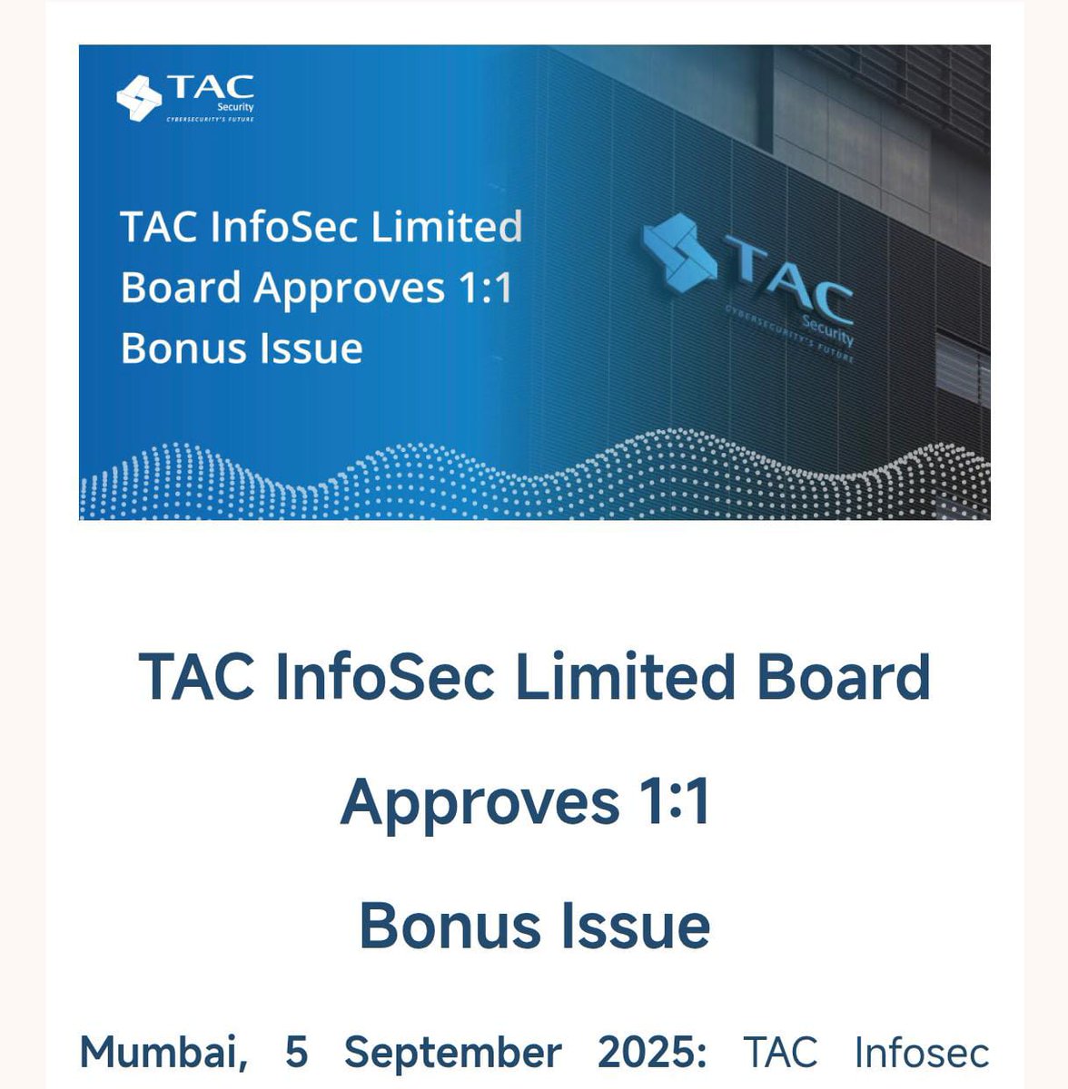 alphaaInvestor's tweet image. 🚀 TAC InfoSec Board approves 1:1 Bonus Issue🎉

💻Business: Fast-growing cybersecurity player
🔐Focus: Vulnerability mgmt., risk assessment &amp;amp; digital security
🌍Tailwind: Rising global cyber threats = strong growth runway

👉A high-potential story in the making!✨

#TACSECURITY