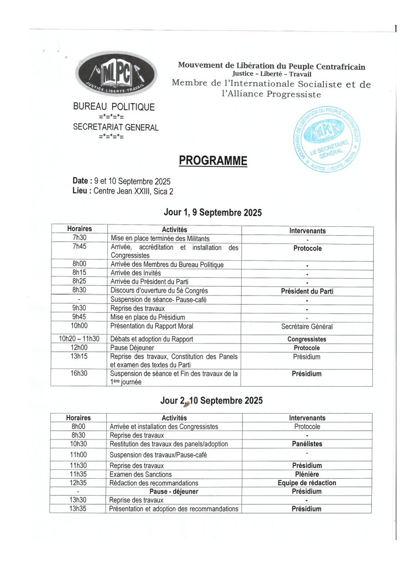 ziguele1's tweet photo. Programme du 5eme congrès ordinaire du #MLPC les 9 et 10 septembre 2025 au Centre jean 23 à Bangui https://t.co/A5Bl47q3w4