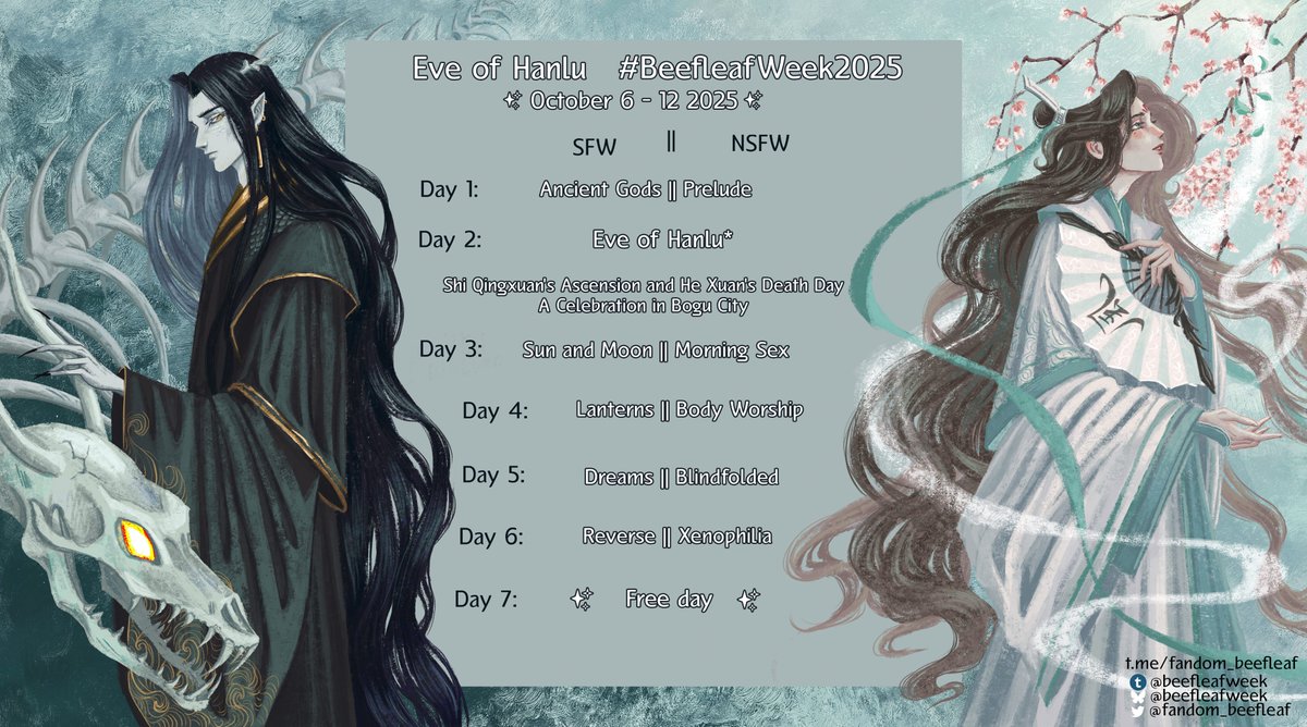 fandom_beefleaf's tweet image. Hello, everyone!
We are announcing a new #beefleafweek2025 dedicated to the 'Eve of Hanlu'!
🌿 You just have to choose the theme you like the most to create any type of fanwork
🍖 Join us in celebrating our beloved pairing; we are looking forward to what you have to share with us