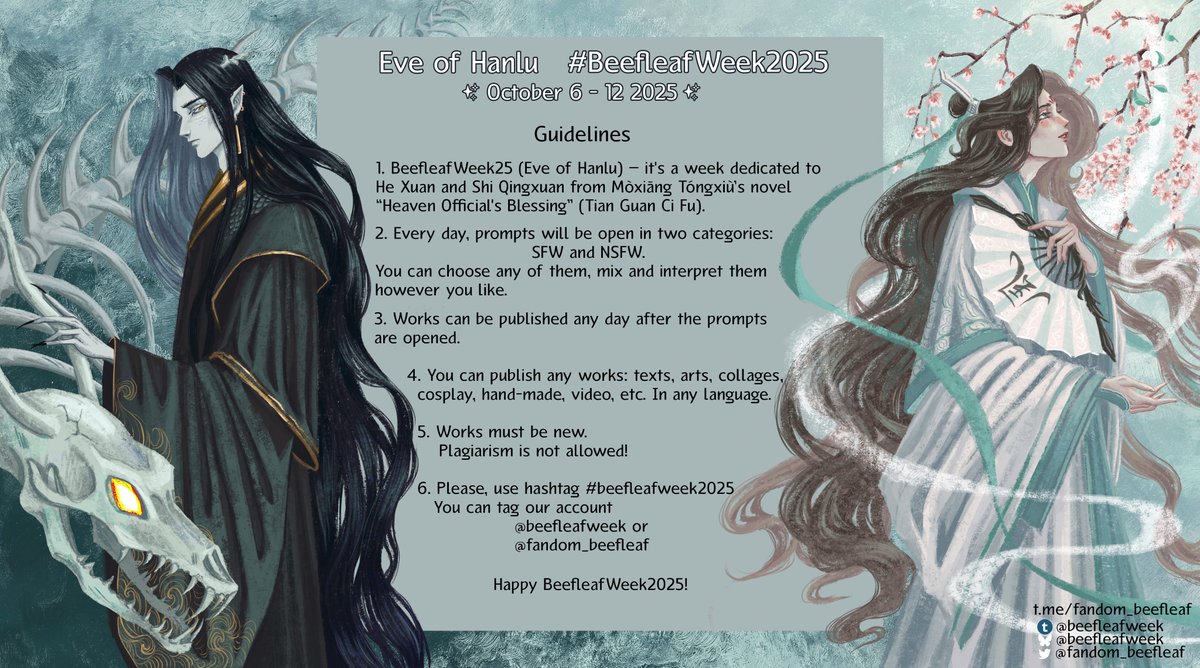 fandom_beefleaf's tweet image. Hello, everyone!
We are announcing a new #beefleafweek2025 dedicated to the 'Eve of Hanlu'!
🌿 You just have to choose the theme you like the most to create any type of fanwork
🍖 Join us in celebrating our beloved pairing; we are looking forward to what you have to share with us