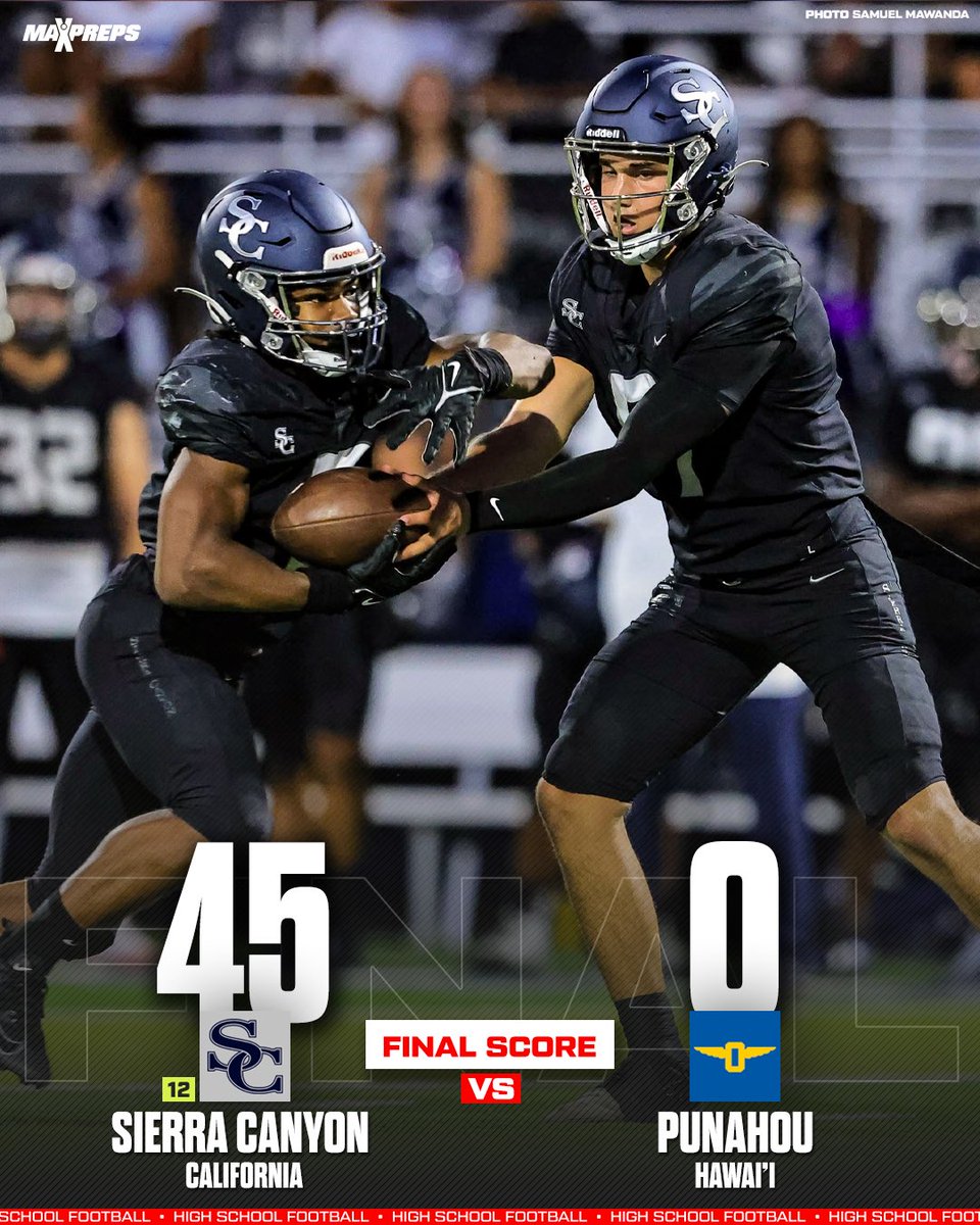 MaxPreps's tweet photo. No. 12 overall ranked Sierra Canyon improves to 3-0 after dominant 45-0 win over visiting Punahou High School (Hawai’i) 📈🏈

Senior QB Laird Finkel threw 4 TD to lead the Trailblaizers, and USC commit Tron Baker hauled in 6 catches for 136 yds and 2 touchdowns.

6’4 320 offensive lineman Kasi Currie was punishing for Sierra Canyon all night. SC at Downey next week.
