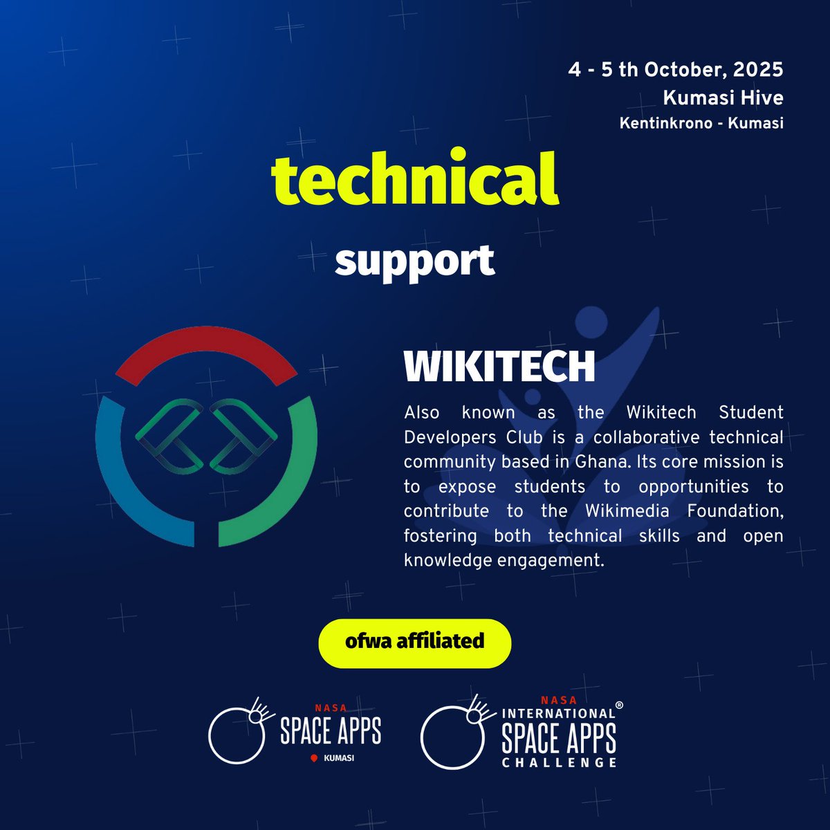 spaceappsksi's tweet image. Excited to have Wikitech as our Technical Support Collaborator for #SpaceAppsKumasi 2025 🚀💡

Their mission: exposing students to Wikimedia contributions + building technical skills in Ghana 🌍✨

📅 Oct 4–5 | 📍 Kumasi Hive

#SpaceApps #OpenKnowledge #TechForGood