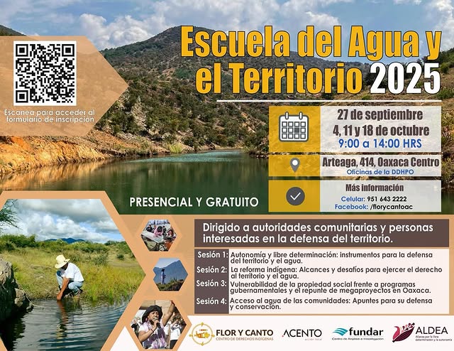 Si estás en Oaxaca y te interesa fortalecer tus herramientas para la defensa de derechos indígenas, participa en la Escuela del Agua y del Territorio. Sesiones a partir del 27 de septiembre.
📝 Inscripciones: f.mtr.cool/avtkuotlev
📱 Contacto: 951 643 2222