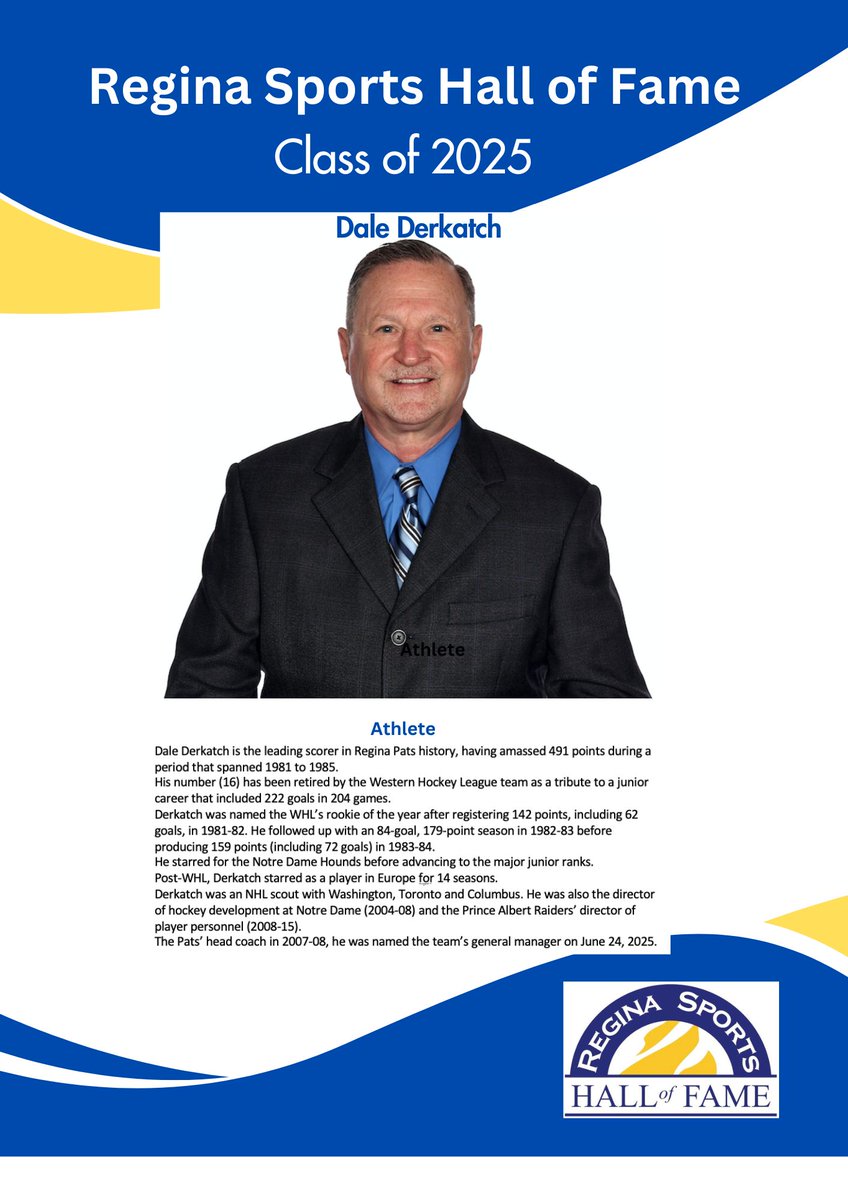 Closing out our Class of 2025 introductions: Dale Derkatch! A dynamic hockey player known for his skill and determination; Dale’s career on and off the ice has left a lasting legacy. Congratulations, Dale! Induction Ceremony October 9, 2025. Tickets RSHOF website.  <a href="/WHLPats/">Regina Pats</a>