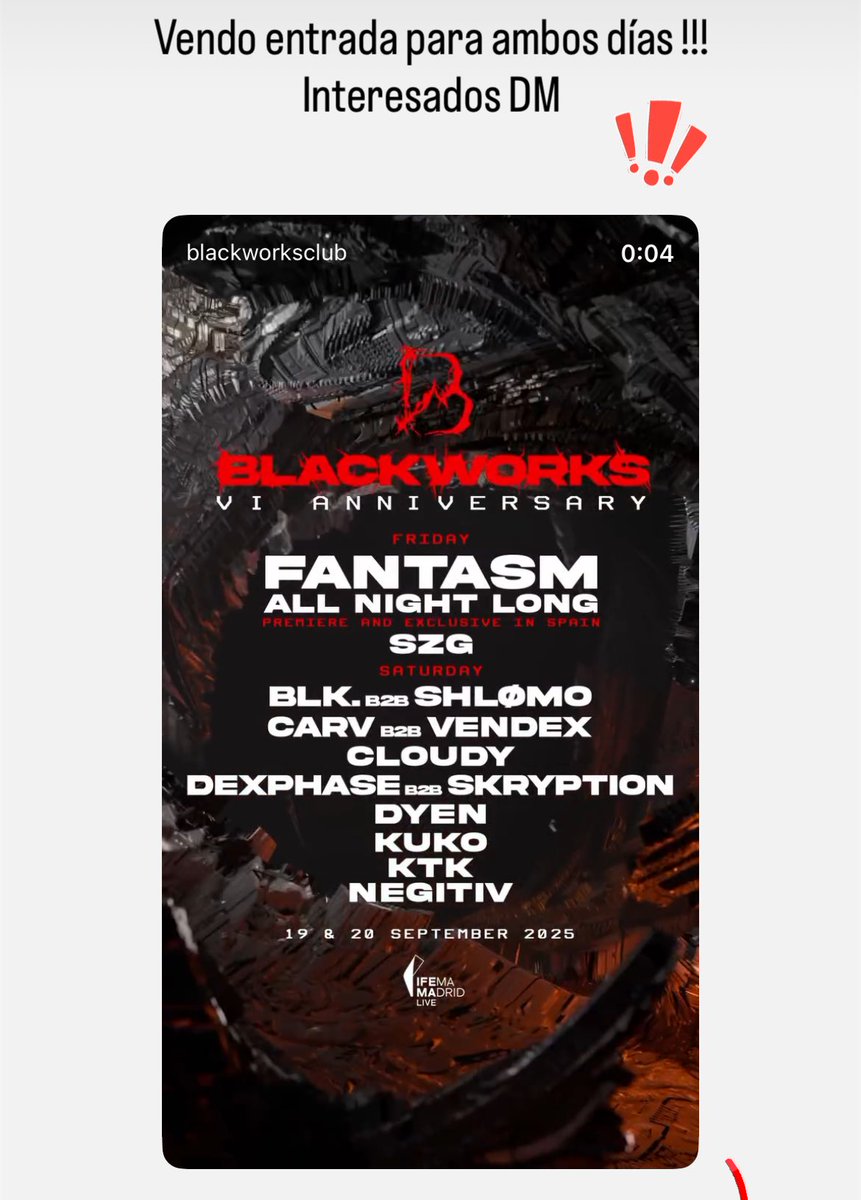 Anndreaadelgado's tweet photo. Vendo abono festival para el VI aniversario de La Blackworks, los días 19 y 20 de septiembre por 64€

Interesados DM

#blackworks #tecno #entradas #ifema https://t.co/aYbvnoOtVV