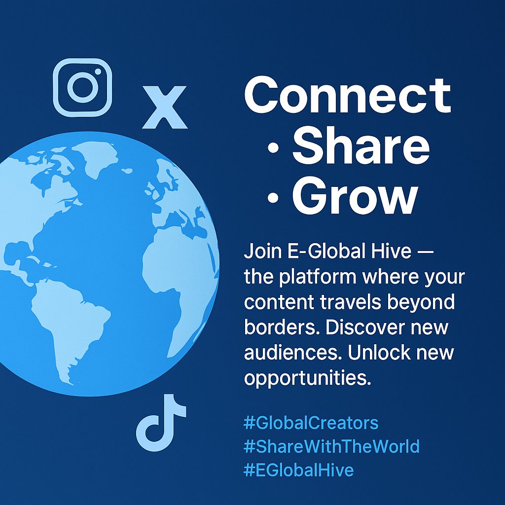 Eglobalhive's tweet photo. 🌍 Connect. Share. Grow.

Join E-Global Hive — the platform where your content travels beyond borders. Discover new audiences. Unlock new opportunities.
Visual Concept:
“Connect • Share • Grow”
#GlobalCreators #ShareWithTheWorld #EGlobalHive #EGlobal https://t.co/0kEHvObWa9