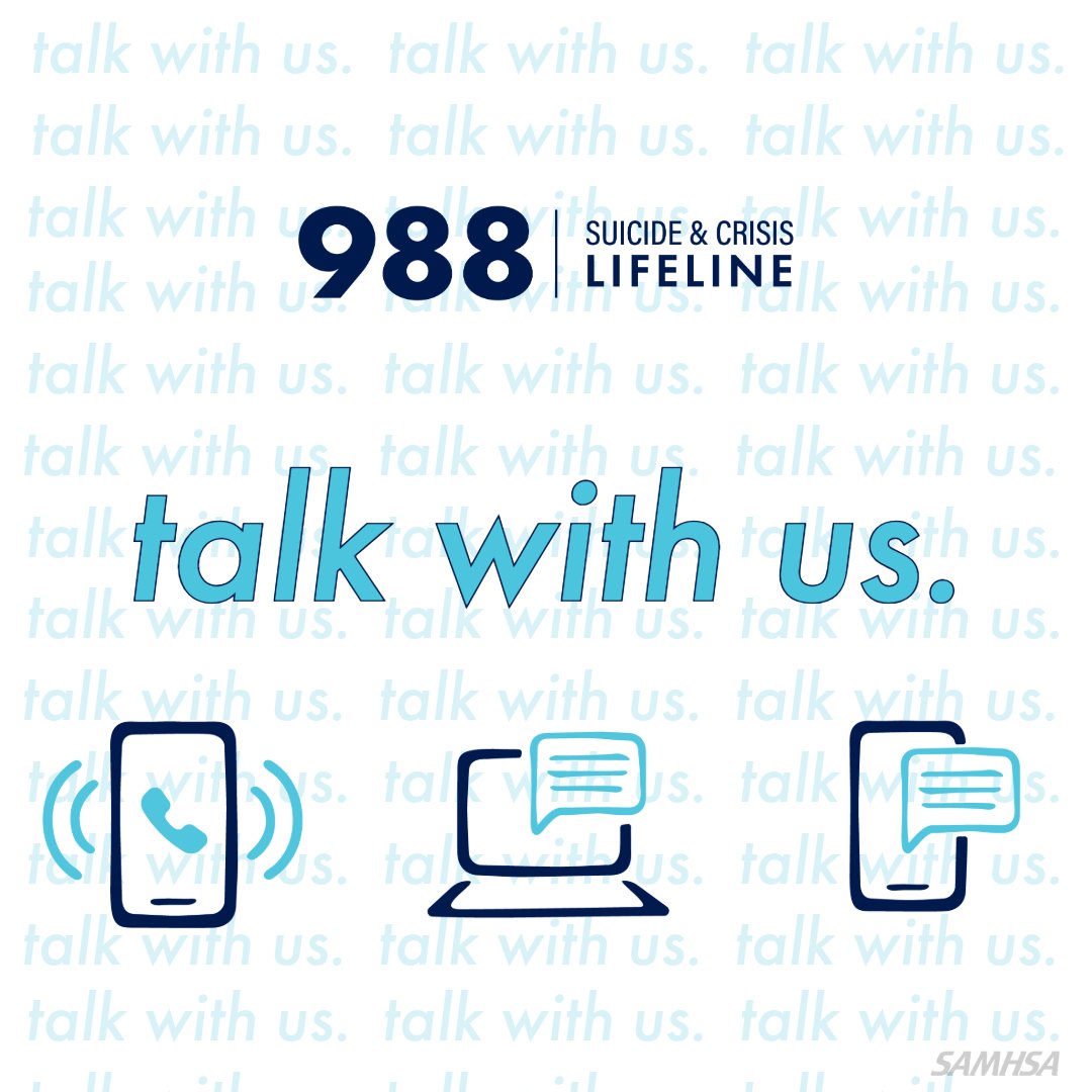 samhsagov's tweet image. If you or someone you know is having thoughts of suicide or experiencing a mental health or substance use crisis, the #988Lifeline provides 24/7 connection to confidential support. #SPM25

Talk with us 💙 Call or text 988 or chat 988lifeline.org