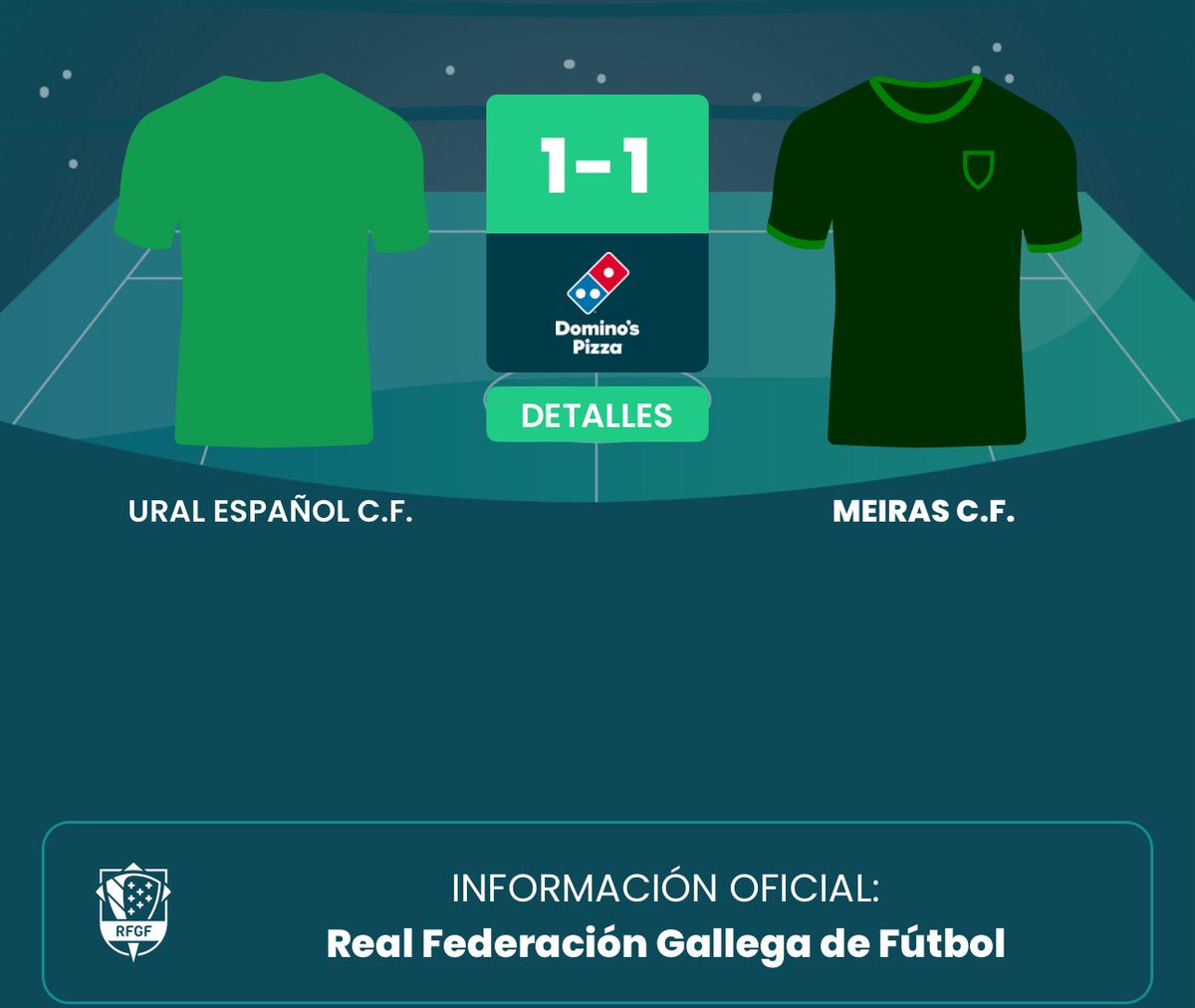 ⚽ Ural Español C.F. 1 – 1 Meirás C.F.
Gran inicio dos verdes como visitantes, con moi boa imaxe💚

🔝 Gol de Adrián Santalla
#ForzaMeirás #SempreVerdes