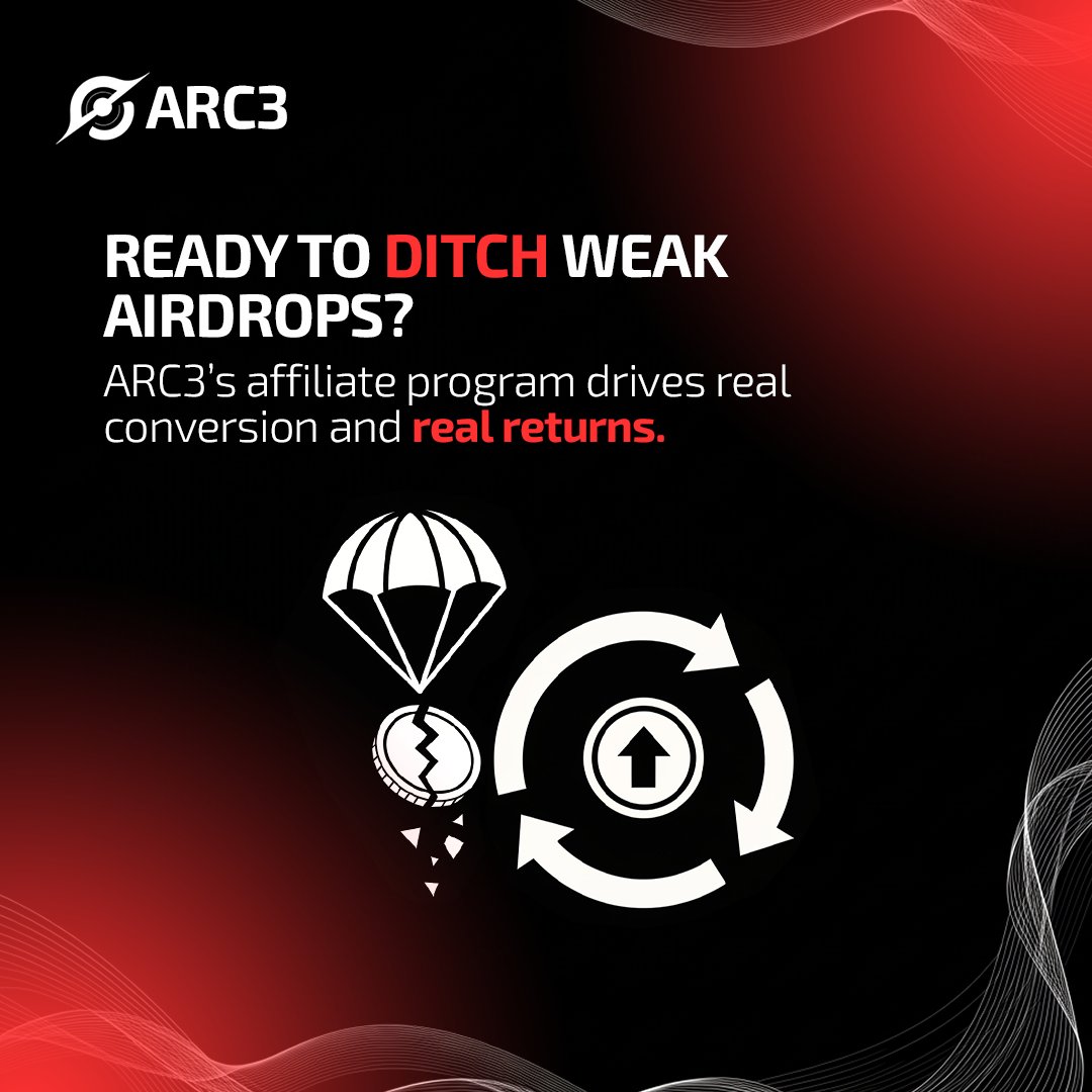 Arc3agency's tweet image. 💸 Tired of weak airdrops?
They burn bright for a moment then fade fast.

🚀 ARC3 changes the game with affiliates that convert, systems that last, and returns you can count on.

This isn’t hype. 
It’s sustainable growth. 🔑
#Web3Success #AffiliateGrowth