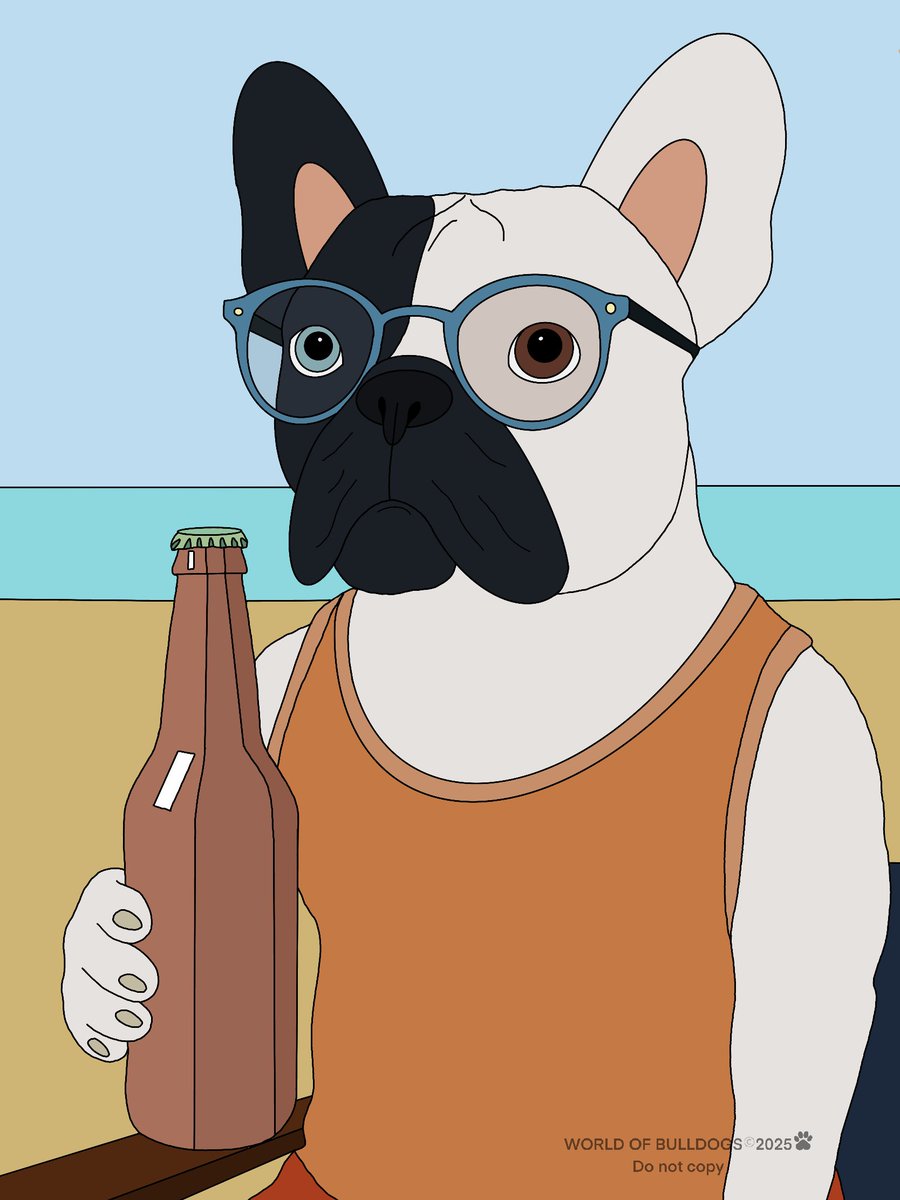 BulldogWorldNFT's tweet photo. 🍺🐶 Chill Bulldog — a stylish pup in glasses and a tank top, enjoying a seaside vibe 🌊🕶️✨#WorldofBulldogs #ChillBulldog #BulldogNFT #NFTArt #CryptoArt #DigitalArt #NFTCommunity #NFTdrop #OpenSeaNFT #EthereumNFT #Collectibles #Web3Art #HandDrawnNFT #PFPcommunity #NFTcollector #NFTartist #MetaverseArt #BullishOnNFTs #NFTLifestyle #UniqueNFT #SummerVibesNFT #SeasideNFT #CoolBulldog #BeachNFT #RelaxNFT
