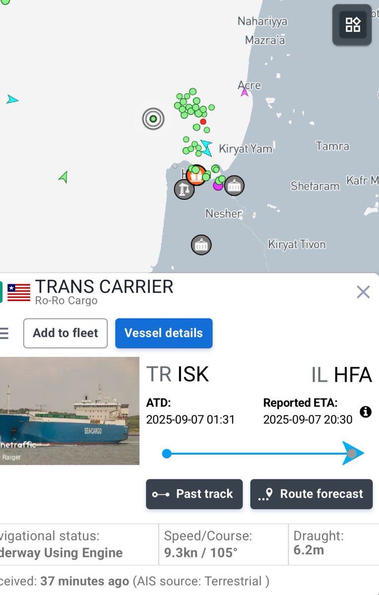 7 Eylül yani bugün gece 1 gibi İskenderun'dan kalkan Trans Carrier isimli Libeyra bandıralı ama Türk gemisi, az sonra İsrail'in Hayfa limanına ulaşacak. Geminin kaptanı Utku Benekli. İskenderun - Hayfa arasında çalışıyor. Herhangi bir engel yok, herhangi bir yasak yok. Son