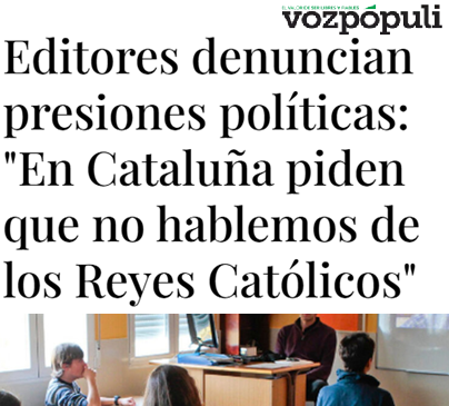 Los editores de libros de texto, hartos del cachondeo autonómico:

"En España tenemos 17 sistemas educativos totalmente descoordinados unos de otros. En Cataluña nos piden no hablar nada de los Reyes Católicos pero sí de una supuesta 'Corona catalano-aragonesa' que nunca existió"
