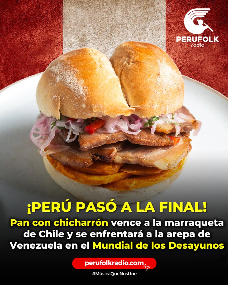 ¡𝗔𝗥𝗥𝗜𝗕𝗔 𝗣𝗘𝗥𝗨́! 
Con un total de 9.837.000 de votos en las redes del streamer español Ibai Llanos el 𝗽𝗮𝗻 𝗰𝗼𝗻 𝗰𝗵𝗶𝗰𝗵𝗮𝗿𝗿𝗼́𝗻 venció a la marraqueta con palta de Chile.
Ahora Perú se enfrentará a la arepa de Venezuela en la final del "Mundial de desayunos".