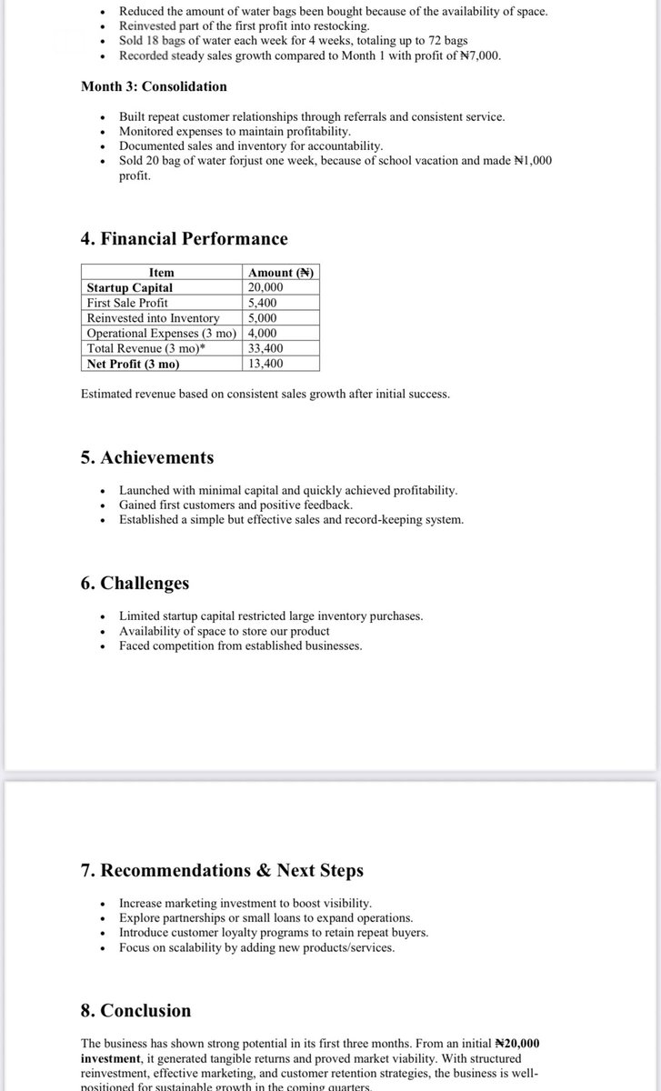 Oludeewon's tweet image. I was talking about business sometimes ago and I saw @Kiszy_Henry_&apos;s comments saying he can even start pure water business with 20k.

I decided to give him to test his consistency.

This guy was giving me weekly updates.

Today, he gave me 3 months executive summary of his…