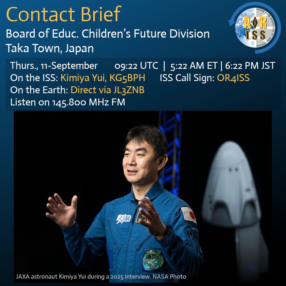 1 hour until contact with Japan.

Students with the Board of Education Children’s Future Division in Taka Town will talk with Kimiya Yui on the ISS via ham radio.

Scheduled today at 09:22 UTC | 5:22 AM ET| 6:22 PM JST direct via JL3ZNB.
Listen live on 145.800 MHz FM.