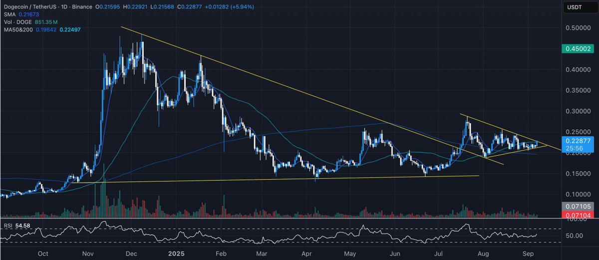 하향 추세와 잠재적 돌파를 보여주는 Dogecoin 가격 차트