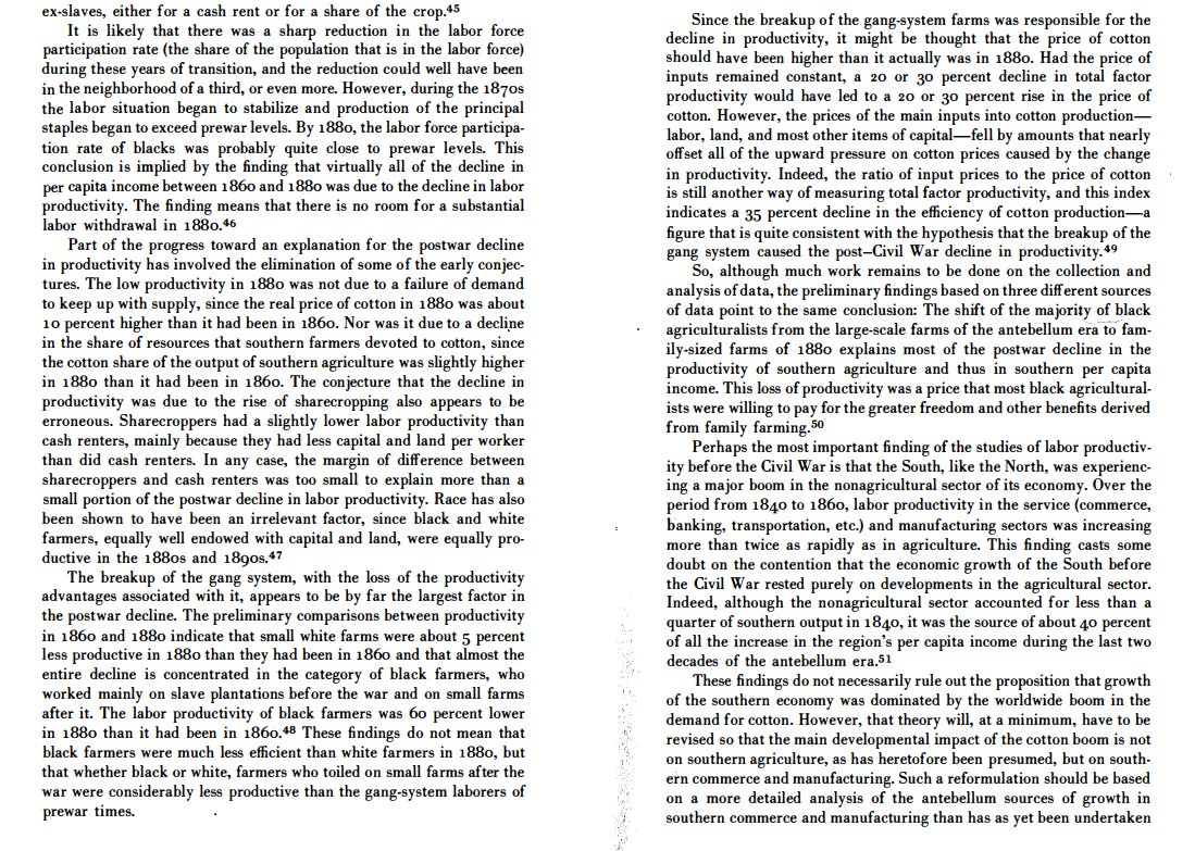 The South became backwards *after* the Civil War, because free black labor was so much less productive than slaves (60% lower!). This parallels the West Indies, where sugar production declined by a third after emancipation (abolitionists lied that they were richer than ever).