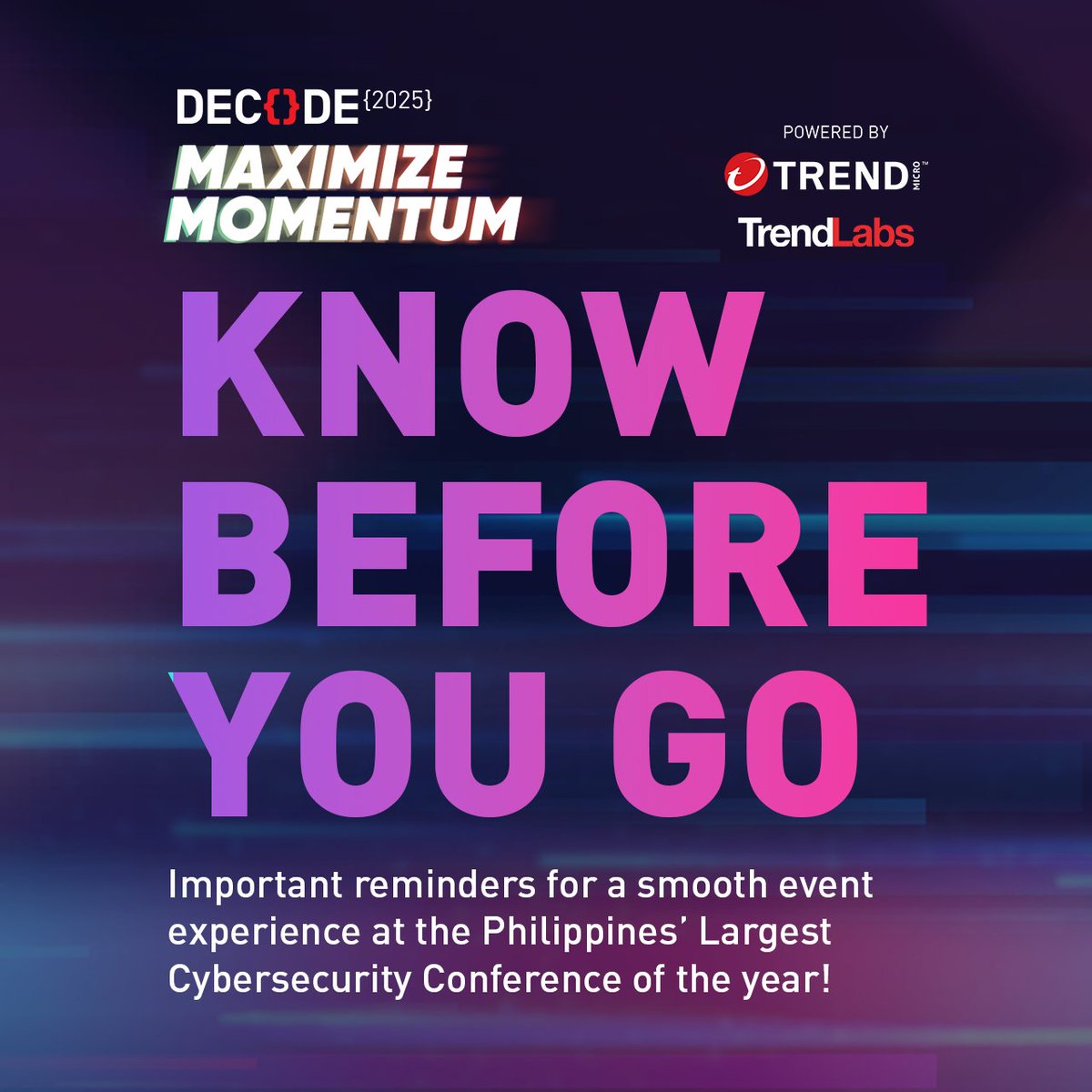 DecodePH's tweet photo. KNOW BEFORE YOU GO!

Check out our quick guide for important reminders and tips to make the most out of your DECODE experience. 

See you tomorrow at the EDSA Shangri-La, Manila! 📷

#DecodePH2025
#MaximizeMomentum
#EngineeredToDoGood https://t.co/fknSdY3CwF