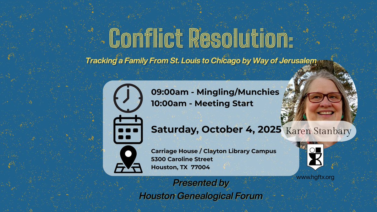 _hgftx_'s tweet image. Can genealogy solve a mystery across continents? Yes-and you&apos;ll see how!

Join Karen Stanbary for Conflict Resolution: Tracking a Family from St. Louis to Chicago by Way of Jerusalem

🗓️ 10/4/25 | 🖥️ Online/In-Person
🎟️ Free
🔗 Register @ hgftx.org
#Genealogy #HGFTX