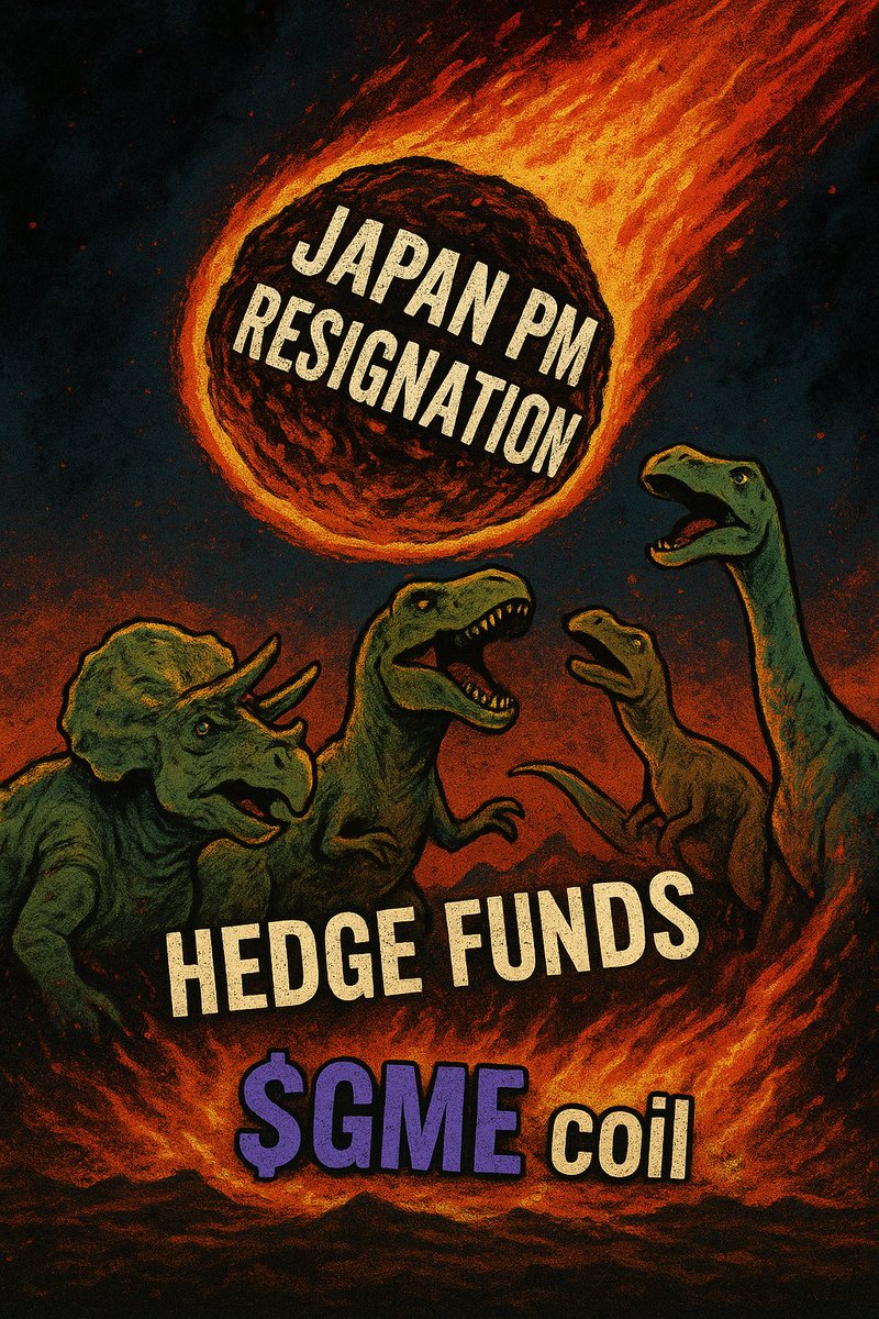🚨Japan PM stepping down on Sept 7 right as the $GME fuse window opens? 🔥

Yen unwind risk = carry trade domino. 

Hedge funds caught mid-coil look a lot like dinos staring up at the meteor saying “relax, it’s priced in.”

Spoiler: it never is. 🍻🌕🚀

#GME #MOASS
