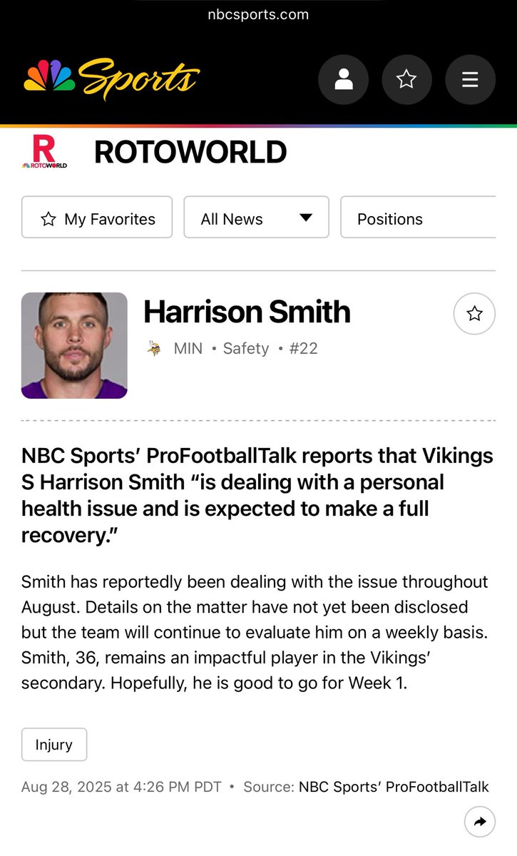 Report from <a href="/ProFootballTalk/">ProFootballTalk</a> on August 28th. Vikings S Harrison Smith now listed with an “illness.” Hope he’s okay.