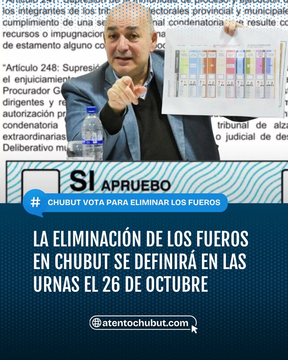 🗳️ BOLETA OFICIALIZADA PARA EL REFERENDUM: LA ELIMINACIÓN DE LOS FUEROS SE DEFINIRÁ EN LAS URNAS EL 26 DE OCTUBRE

El Tribunal Electoral de Chubut aprobó los modelos de boletas que se usarán en las elecciones del 26 de octubre. La ciudadanía votará si avala la reforma