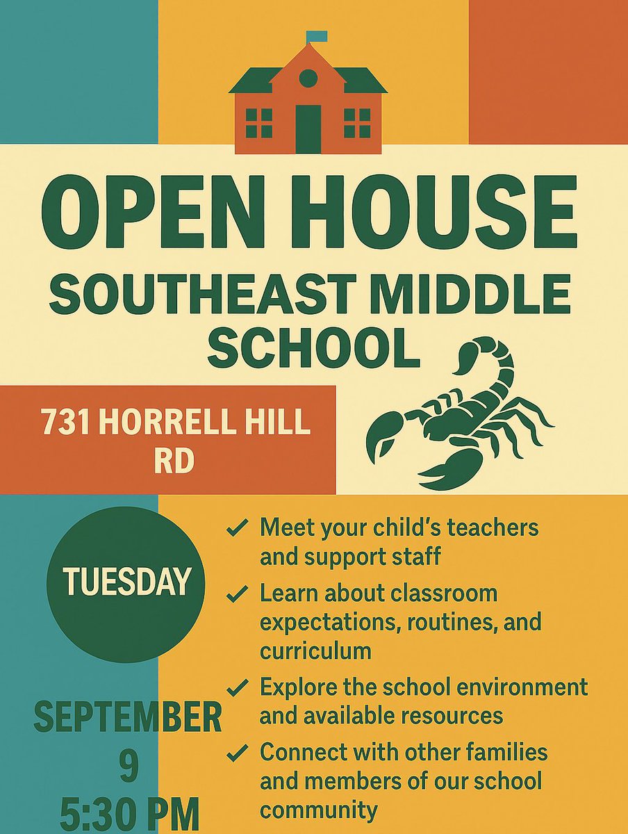 📣 Calling all Scorpion families 📣 Join us for Open House: 📍731 Horrell Hill Rd 📅 Tuesday, Sept 9 🕠 5:30 PM
✨Meet teachers 📘Learn class expectations 🏫Explore the school 👋🏽Connect with our community! #RisingTogether #ParentPartnership #RichlandOne